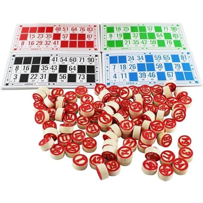 rayihni BINGO LOTTERY GAMES 48 BOXES, 90 TOKENS 2 PAGES AND 100 PLASTIC BOOKMARKS 4 COLOURS - Image 1